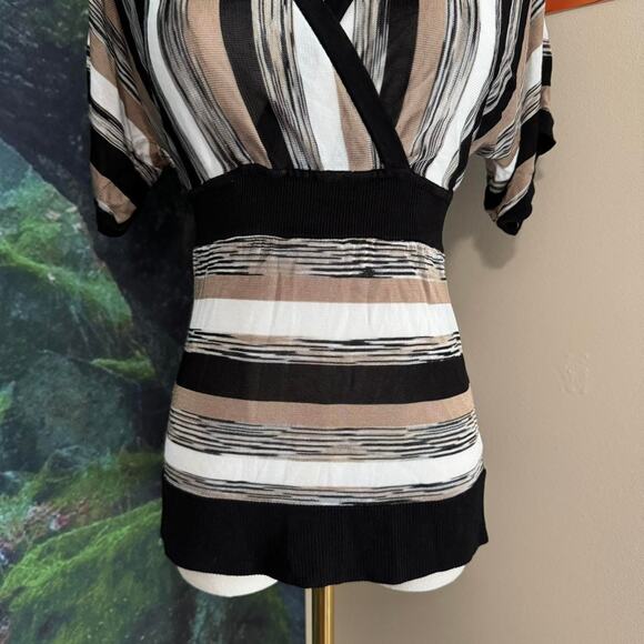 retro striped stretchy surplice v neck blouse neutral y2k top - Picture 4 of 7